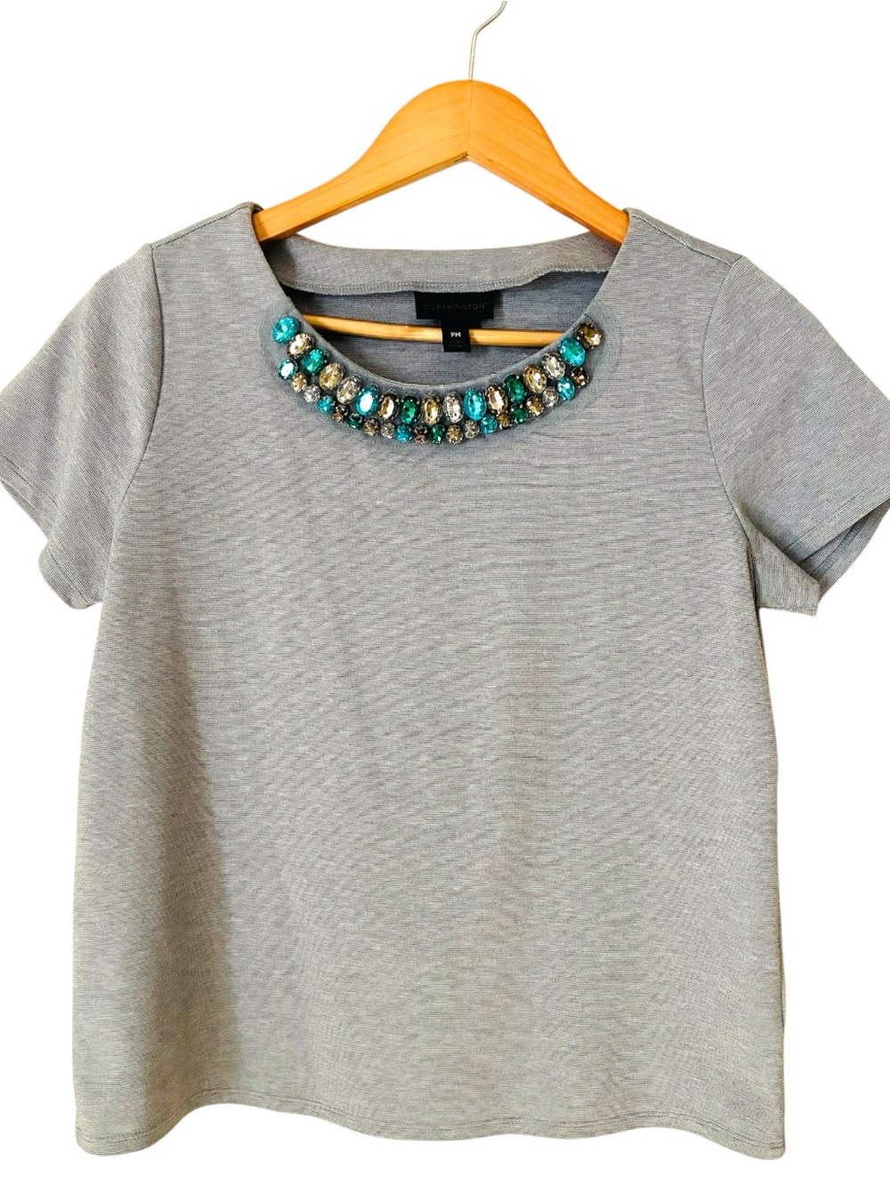 Worthington Sz PM Petite Medium Gray Sparkling Gem Jewel Neckline Blouse Top